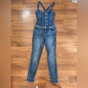 Guess blue jean overalls.